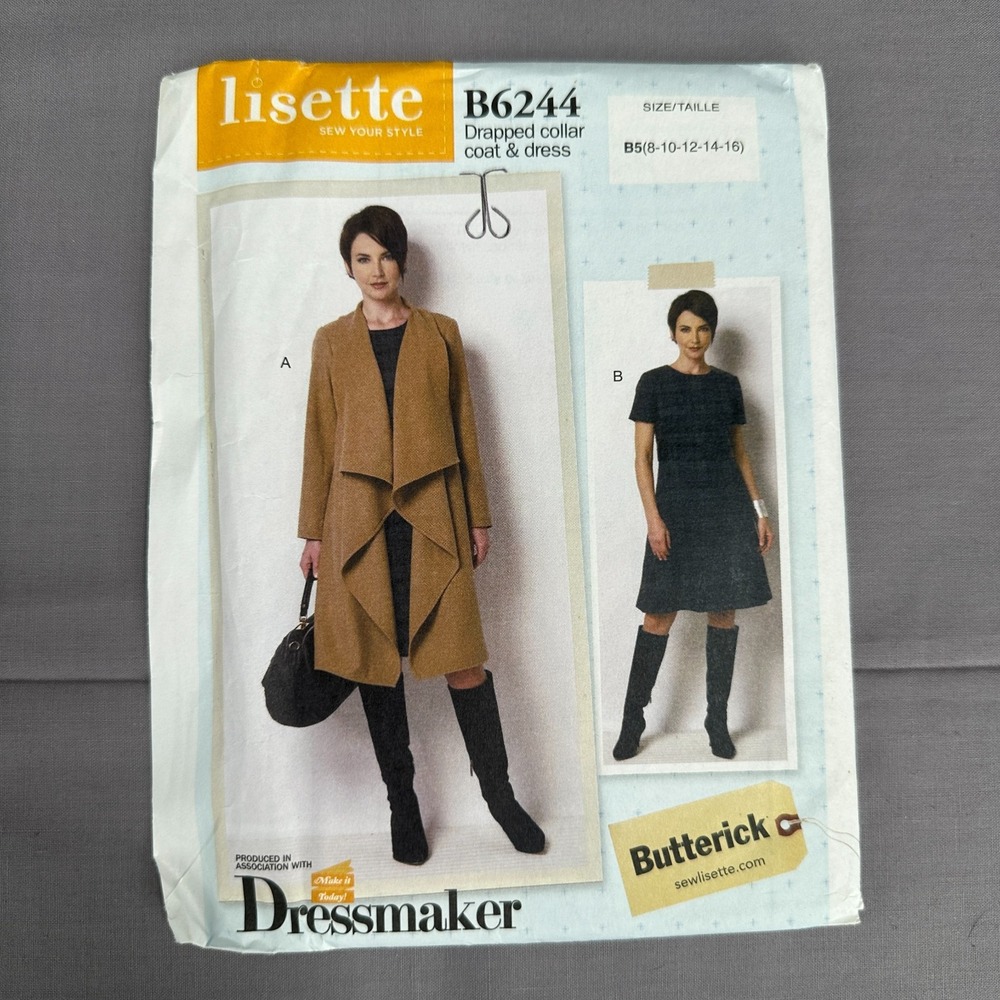 Butterick B6244 Lisette Coat Dress Sewing Pattern Size 8-16 Draped Collar